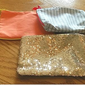 Ipsy Gold sequin, coral, and gray makeup  cosmetic zip bags new